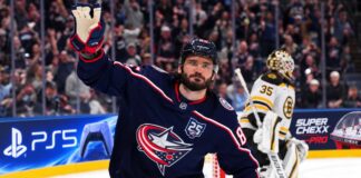 Canadiens Trade Rumors: Did Boston’s Kirill Marchenko Offer Just Force Montreal’s Hand? Kirill Marchenko of the Columbus Blue Jackets with a Boston Bruins goalie in the background amid Montreal Canadiens trade rumors
