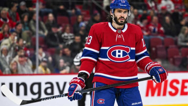 Kirill Marchenko in a Montreal Canadiens home uniform in this NHL trade rumors concept image linking the Canadiens and Columbus Blue Jackets