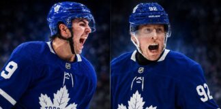 Brendan Brisson and Patrik Laine pictured in Toronto Maple Leafs jerseys as Maple Leafs trade rumors grow following Toronto reaching the NHL’s 50-contract limit.