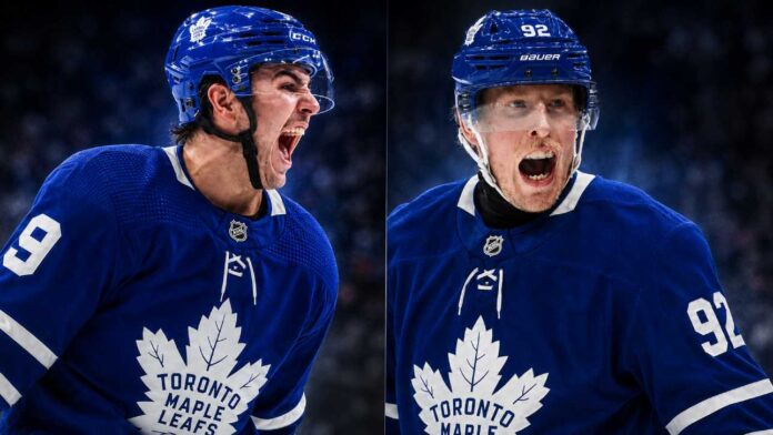 Brendan Brisson and Patrik Laine pictured in Toronto Maple Leafs jerseys as Maple Leafs trade rumors grow following Toronto reaching the NHL’s 50-contract limit.