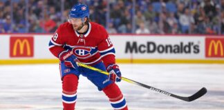 Pavel Zacha wearing a Montreal Canadiens home jersey in a trade rumor image linking the Boston Bruins centre to Montreal.