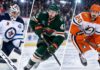 Connor Hellebuyck, Quinn Hughes and Chris Kreider featured in a 3-way split NHL News image highlighting today’s trade rumors, contract updates and roster speculation.
