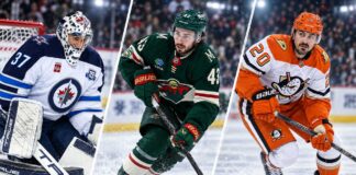 Connor Hellebuyck, Quinn Hughes and Chris Kreider featured in a 3-way split NHL News image highlighting today’s trade rumors, contract updates and roster speculation.
