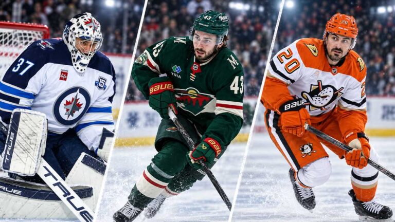 Connor Hellebuyck, Quinn Hughes and Chris Kreider featured in a 3-way split NHL News image highlighting todayโs trade rumors, contract updates and roster speculation.