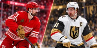 Split image for NHL News featuring a Detroit Red Wings forward and a Vegas Golden Knights captain as trade rumors, contract news, and today’s latest NHL headlines heat up