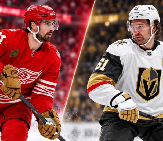 Split image for NHL News featuring a Detroit Red Wings forward and a Vegas Golden Knights captain as trade rumors, contract news, and today’s latest NHL headlines heat up