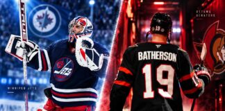 Connor Hellebuyck of the Winnipeg Jets and Drake Batherson of the Ottawa Senators in a dramatic split image for NHL News coverage on NHLTradeRumor.com