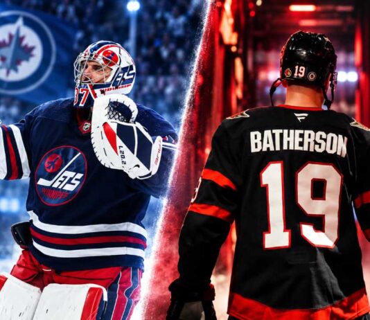 Connor Hellebuyck of the Winnipeg Jets and Drake Batherson of the Ottawa Senators in a dramatic split image for NHL News coverage on NHLTradeRumor.com
