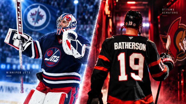 Connor Hellebuyck of the Winnipeg Jets and Drake Batherson of the Ottawa Senators in a dramatic split image for NHL News coverage on NHLTradeRumor.com