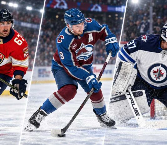 3-way split image of Brad Marchand, Cale Makar and Connor Hellebuyck highlighting today’s NHL News, injury updates and trade rumors.