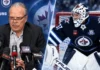 Split image of Winnipeg Jets general manager Kevin Cheveldayoff at a press conference and goaltender Connor Hellebuyck in net, highlighting the latest NHL News and Jets trade rumors.