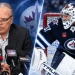 NHL News Today: Connor Hellebuyck Suspended as Jets Trade Drama Reaches Breaking Point Split image of Winnipeg Jets general manager Kevin Cheveldayoff at a press conference and goaltender Connor Hellebuyck in net, highlighting the latest NHL News and Jets trade rumors.