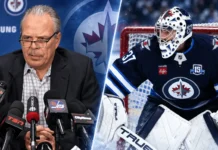 NHL News Today: Connor Hellebuyck Suspended as Jets Trade Drama Reaches Breaking Point Split image of Winnipeg Jets general manager Kevin Cheveldayoff at a press conference and goaltender Connor Hellebuyck in net, highlighting the latest NHL News and Jets trade rumors.
