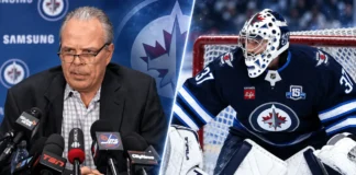 NHL News Today: Connor Hellebuyck Suspended as Jets Trade Drama Reaches Breaking Point Split image of Winnipeg Jets general manager Kevin Cheveldayoff at a press conference and goaltender Connor Hellebuyck in net, highlighting the latest NHL News and Jets trade rumors.