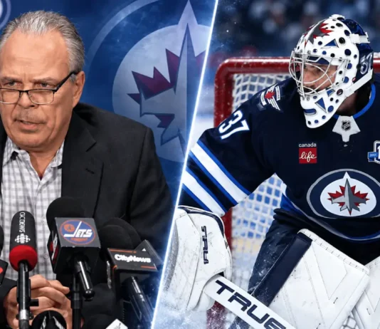 Split image of Winnipeg Jets general manager Kevin Cheveldayoff at a press conference and goaltender Connor Hellebuyck in net, highlighting the latest NHL News and Jets trade rumors.