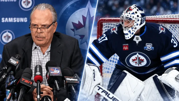 Split image of Winnipeg Jets general manager Kevin Cheveldayoff at a press conference and goaltender Connor Hellebuyck in net, highlighting the latest NHL News and Jets trade rumors.