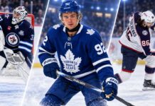 NHL News Today: McKenna Debuts as Hellebuyck and Marchenko Rumors Heat Up Three-way split image featuring Connor Hellebuyck, Gavin McKenna and Kirill Marchenko, highlighting the latest NHL News and trade rumors heading into the 2026-27 preseason.