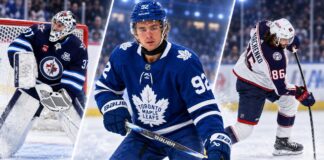 NHL News Today: McKenna Debuts as Hellebuyck and Marchenko Rumors Heat Up Three-way split image featuring Connor Hellebuyck, Gavin McKenna and Kirill Marchenko, highlighting the latest NHL News and trade rumors heading into the 2026-27 preseason.