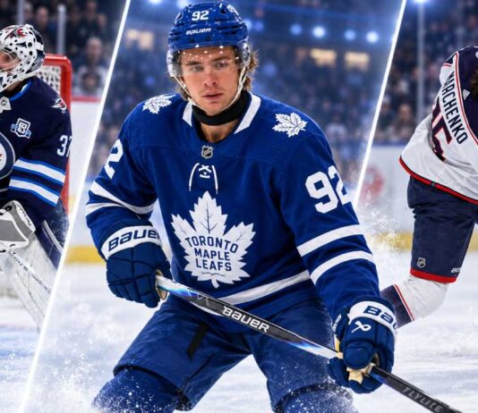 Three-way split image featuring Connor Hellebuyck, Gavin McKenna and Kirill Marchenko, highlighting the latest NHL News and trade rumors heading into the 2026-27 preseason.