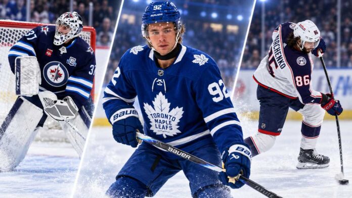 nhl-news-rumors-september-19-2026 Three-way split image featuring Connor Hellebuyck, Gavin McKenna and Kirill Marchenko, highlighting the latest NHL News and trade rumors heading into the 2026-27 preseason.