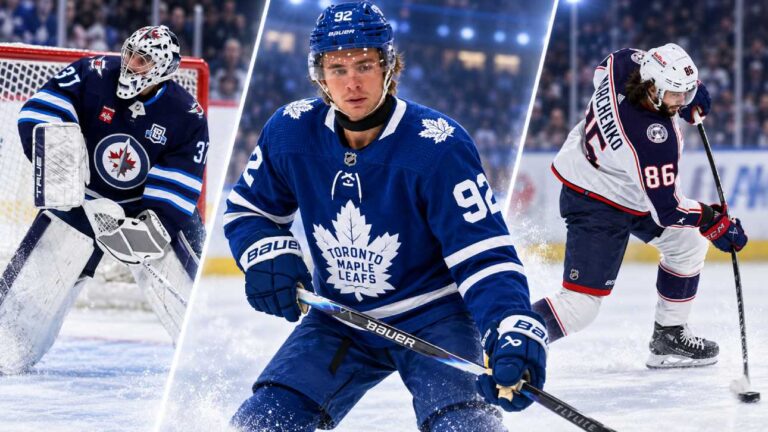 Three-way split image featuring Connor Hellebuyck, Gavin McKenna and Kirill Marchenko, highlighting the latest NHL News and trade rumors heading into the 2026-27 preseason.