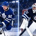 Gavin McKenna and Connor Hellebuyck in a split-image NHL graphic featuring the Toronto Maple Leafs rookie forward and Winnipeg Jets goaltender in action during the 2026 preseason.