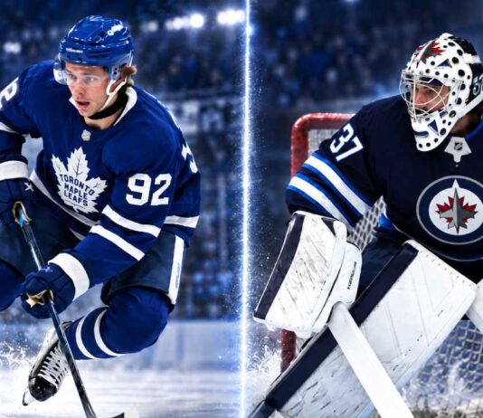 Gavin McKenna and Connor Hellebuyck in a split-image NHL graphic featuring the Toronto Maple Leafs rookie forward and Winnipeg Jets goaltender in action during the 2026 preseason.