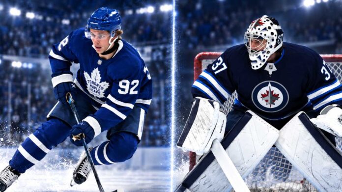 nhl-news-rumors-september-20-2026 Gavin McKenna and Connor Hellebuyck in a split-image NHL graphic featuring the Toronto Maple Leafs rookie forward and Winnipeg Jets goaltender in action during the 2026 preseason.