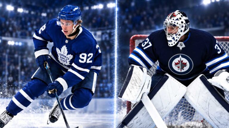 Gavin McKenna and Connor Hellebuyck in a split-image NHL graphic featuring the Toronto Maple Leafs rookie forward and Winnipeg Jets goaltender in action during the 2026 preseason.