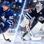 NHL News Today: Hellebuyck Trade Rumors Heat Up as McKenna Breaks Through Gavin McKenna skating for the Toronto Maple Leafs beside Winnipeg Jets goalie Connor Hellebuyck in a split image highlighting the latest NHL News and NHL Rumors.