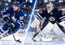 NHL News Today: Hellebuyck Trade Rumors Heat Up as McKenna Breaks Through Gavin McKenna skating for the Toronto Maple Leafs beside Winnipeg Jets goalie Connor Hellebuyck in a split image highlighting the latest NHL News and NHL Rumors.