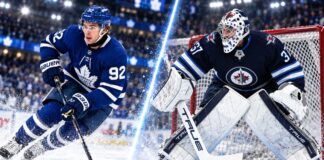 NHL News Today: Hellebuyck Trade Rumors Heat Up as McKenna Breaks Through Gavin McKenna skating for the Toronto Maple Leafs beside Winnipeg Jets goalie Connor Hellebuyck in a split image highlighting the latest NHL News and NHL Rumors.
