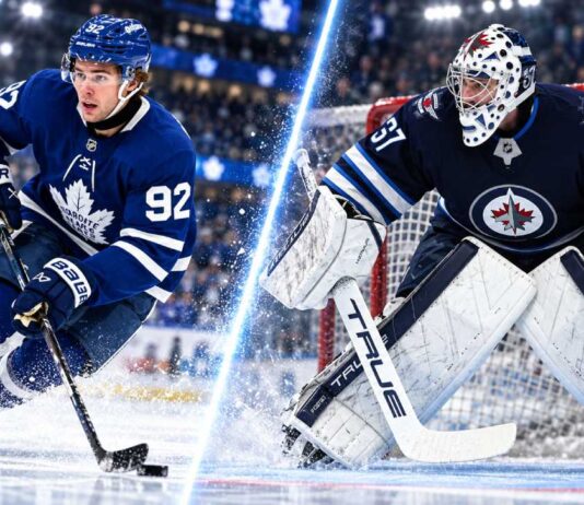 Gavin McKenna skating for the Toronto Maple Leafs beside Winnipeg Jets goalie Connor Hellebuyck in a split image highlighting the latest NHL News and NHL Rumors.