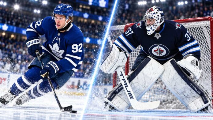 nhl-news-rumors-september-24-2026 Gavin McKenna skating for the Toronto Maple Leafs beside Winnipeg Jets goalie Connor Hellebuyck in a split image highlighting the latest NHL News and NHL Rumors.