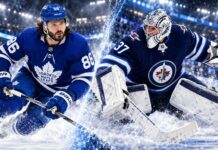 Kirill Marchenko in a Toronto Maple Leafs jersey alongside Winnipeg Jets goalie Connor Hellebuyck as NHL trade rumors heat up.