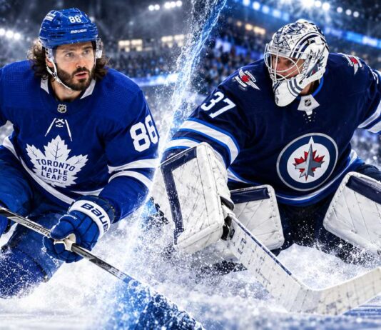 Kirill Marchenko in a Toronto Maple Leafs jersey alongside Winnipeg Jets goalie Connor Hellebuyck as NHL trade rumors heat up.