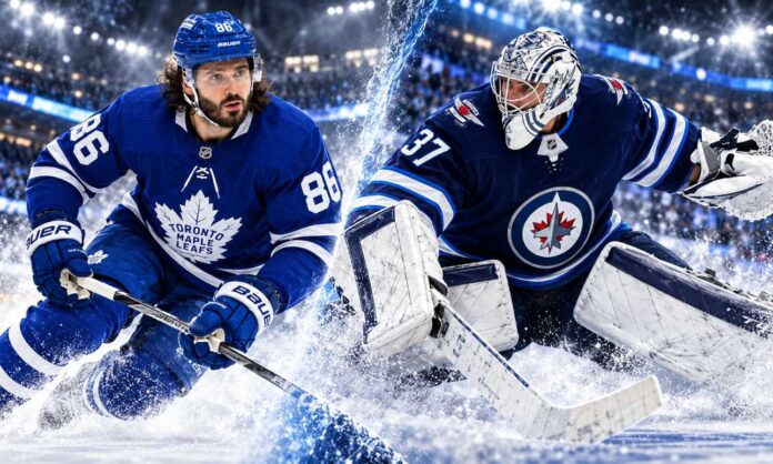 nhl-news-rumors-september-29-2026 Kirill Marchenko in a Toronto Maple Leafs jersey alongside Winnipeg Jets goalie Connor Hellebuyck as NHL trade rumors heat up.