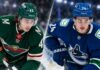 NHL News Today: Buium Signs $75M Deal as Hellebuyck and Hughes Pressure Builds Split image of two NHL defensemen in Minnesota Wild and Vancouver Canucks uniforms, highlighting today’s NHL News around Quinn Hughes pressure and Zeev Buium’s major contract extension