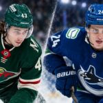 NHL News Today: Buium Signs $75M Deal as Hellebuyck and Hughes Pressure Builds Split image of two NHL defensemen in Minnesota Wild and Vancouver Canucks uniforms, highlighting today’s NHL News around Quinn Hughes pressure and Zeev Buium’s major contract extension