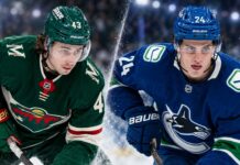 NHL News Today: Buium Signs $75M Deal as Hellebuyck and Hughes Pressure Builds Split image of two NHL defensemen in Minnesota Wild and Vancouver Canucks uniforms, highlighting today’s NHL News around Quinn Hughes pressure and Zeev Buium’s major contract extension