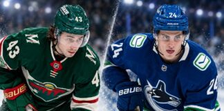 Split image of two NHL defensemen in Minnesota Wild and Vancouver Canucks uniforms, highlighting today’s NHL News around Quinn Hughes pressure and Zeev Buium’s major contract extension