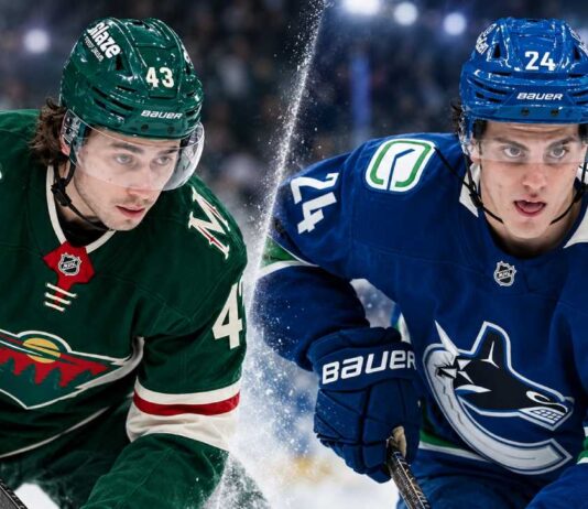 NHL News Today: Buium Signs $75M Deal as Hellebuyck and Hughes Pressure Builds Split image of two NHL defensemen in Minnesota Wild and Vancouver Canucks uniforms, highlighting today’s NHL News around Quinn Hughes pressure and Zeev Buium’s major contract extension