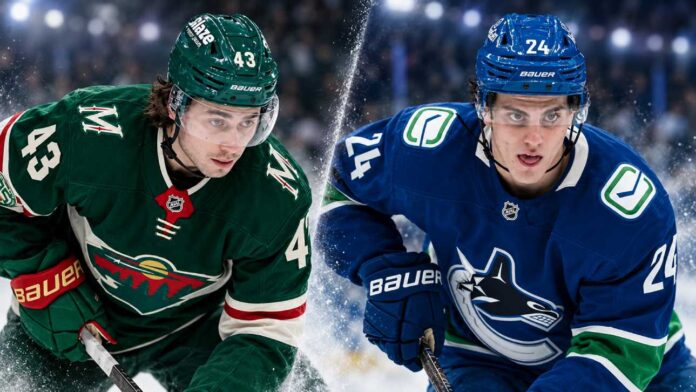 nhl-news-rumors-september-5-2026 Split image of two NHL defensemen in Minnesota Wild and Vancouver Canucks uniforms, highlighting today’s NHL News around Quinn Hughes pressure and Zeev Buium’s major contract extension