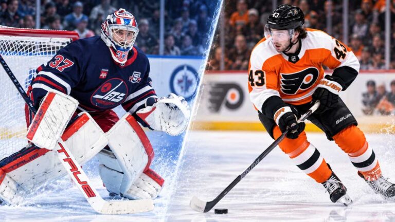 Connor Hellebuyck and Quinn Hughes split image highlighting the latest NHL News and NHL trade rumors surrounding the Winnipeg Jets and Philadelphia Flyers