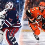 NHL News Today: Hellebuyck Trade Market Tightens as Gauthier Contract Pressure Builds Split image of a Winnipeg Jets goalie and Anaheim Ducks forward, representing Connor Hellebuyck and Cutter Gauthier in the latest NHL News and NHL trade rumors discussion.