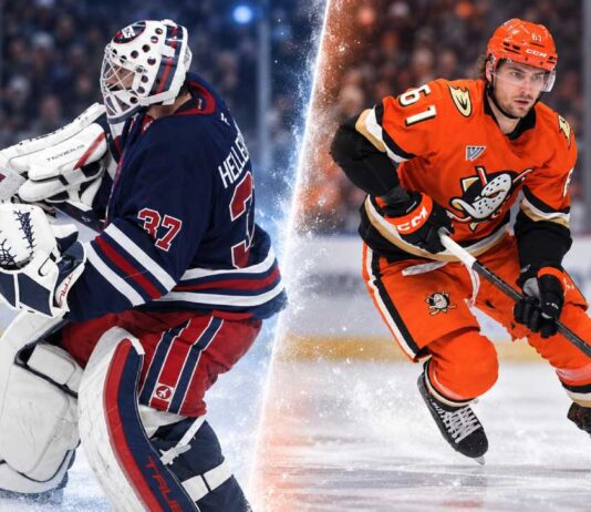 NHL News Today: Hellebuyck Trade Market Tightens as Gauthier Contract Pressure Builds Split image of a Winnipeg Jets goalie and Anaheim Ducks forward, representing Connor Hellebuyck and Cutter Gauthier in the latest NHL News and NHL trade rumors discussion.
