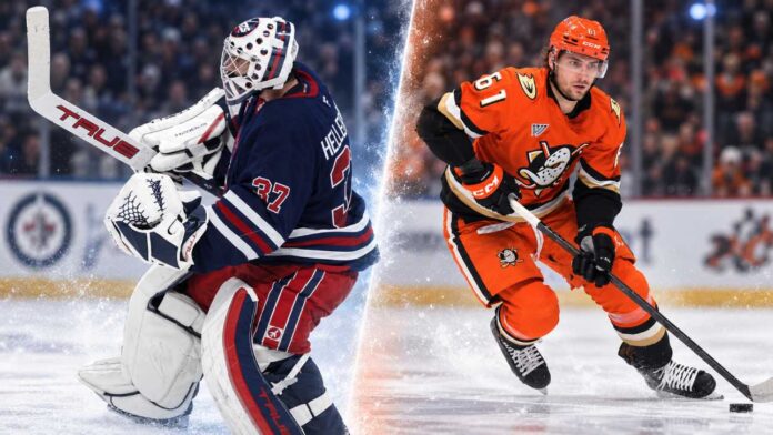 nhl-news-rumors-september-7-2026 Split image of a Winnipeg Jets goalie and Anaheim Ducks forward, representing Connor Hellebuyck and Cutter Gauthier in the latest NHL News and NHL trade rumors discussion.
