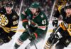 NHL News Today: Fraser Minten Signs Big Bruins Deal as Crosby, Hughes and Hellebuyck Dominate Headlines Three-way split image featuring NHL stars in action, with a Boston Bruins player, a Minnesota Wild player, and a Pittsburgh Penguins player representing the latest NHL news and trade rumors.