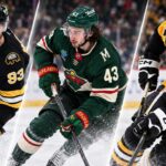 NHL News Today: Fraser Minten Signs Big Bruins Deal as Crosby, Hughes and Hellebuyck Dominate Headlines Three-way split image featuring NHL stars in action, with a Boston Bruins player, a Minnesota Wild player, and a Pittsburgh Penguins player representing the latest NHL news and trade rumors.