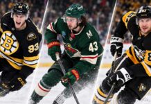 NHL News Today: Fraser Minten Signs Big Bruins Deal as Crosby, Hughes and Hellebuyck Dominate Headlines Three-way split image featuring NHL stars in action, with a Boston Bruins player, a Minnesota Wild player, and a Pittsburgh Penguins player representing the latest NHL news and trade rumors.